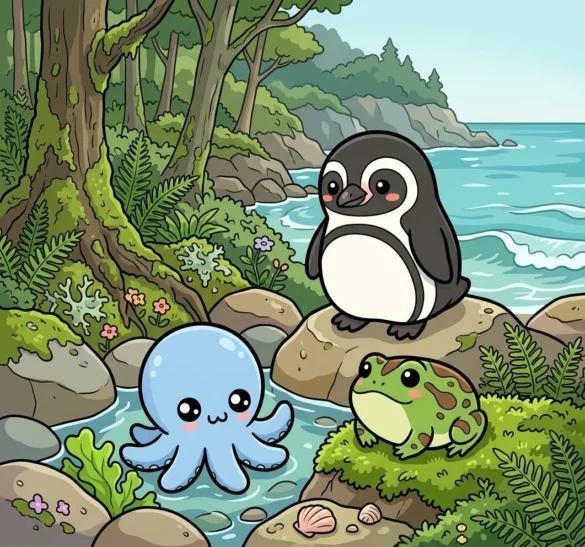 El pulpo de Tinta Club junto a un pingüino de Humbolt y una ranita de Darwin